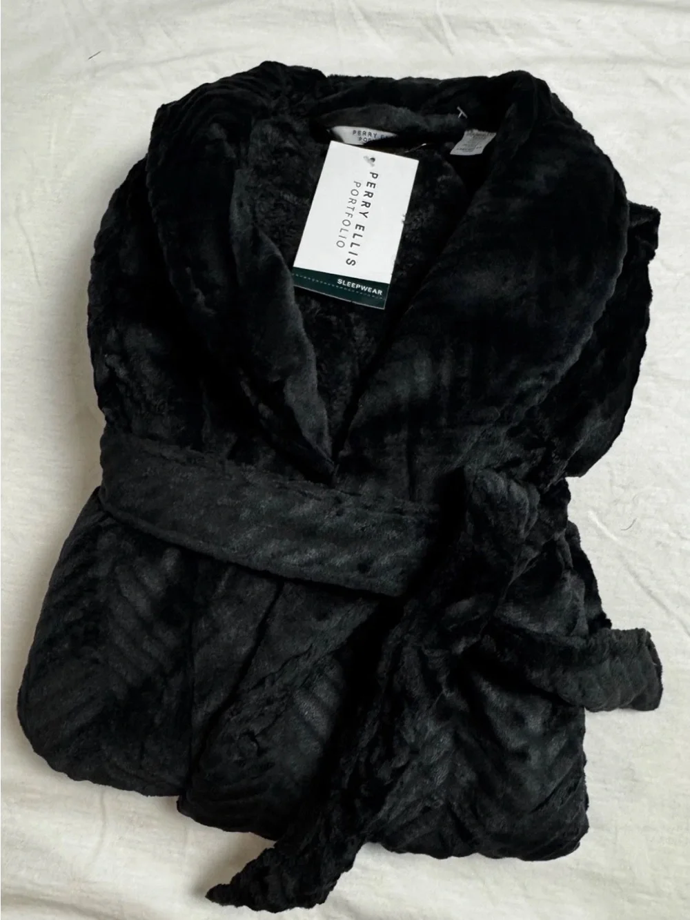 Perry Ellis Men's Herringbone Textured Soft Fleece Robe Black NEW O/S